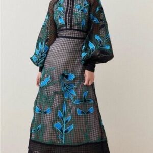 Karen Millen Geo and Flora Appliqué OrganBlack and Blue Floral Long Sleeve Dress